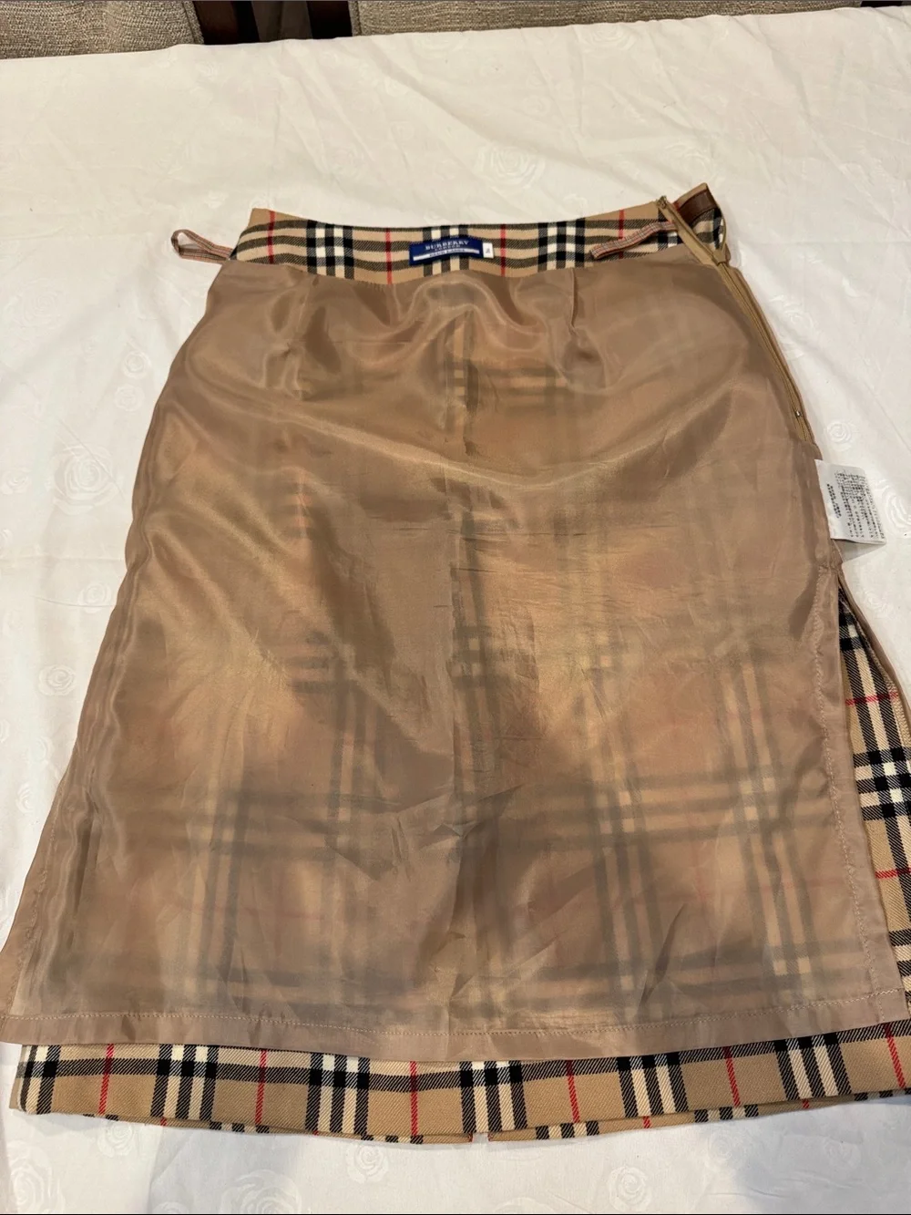 Authentic Burberry Beige Plaid Pencil Skirt with Red and Black Accents